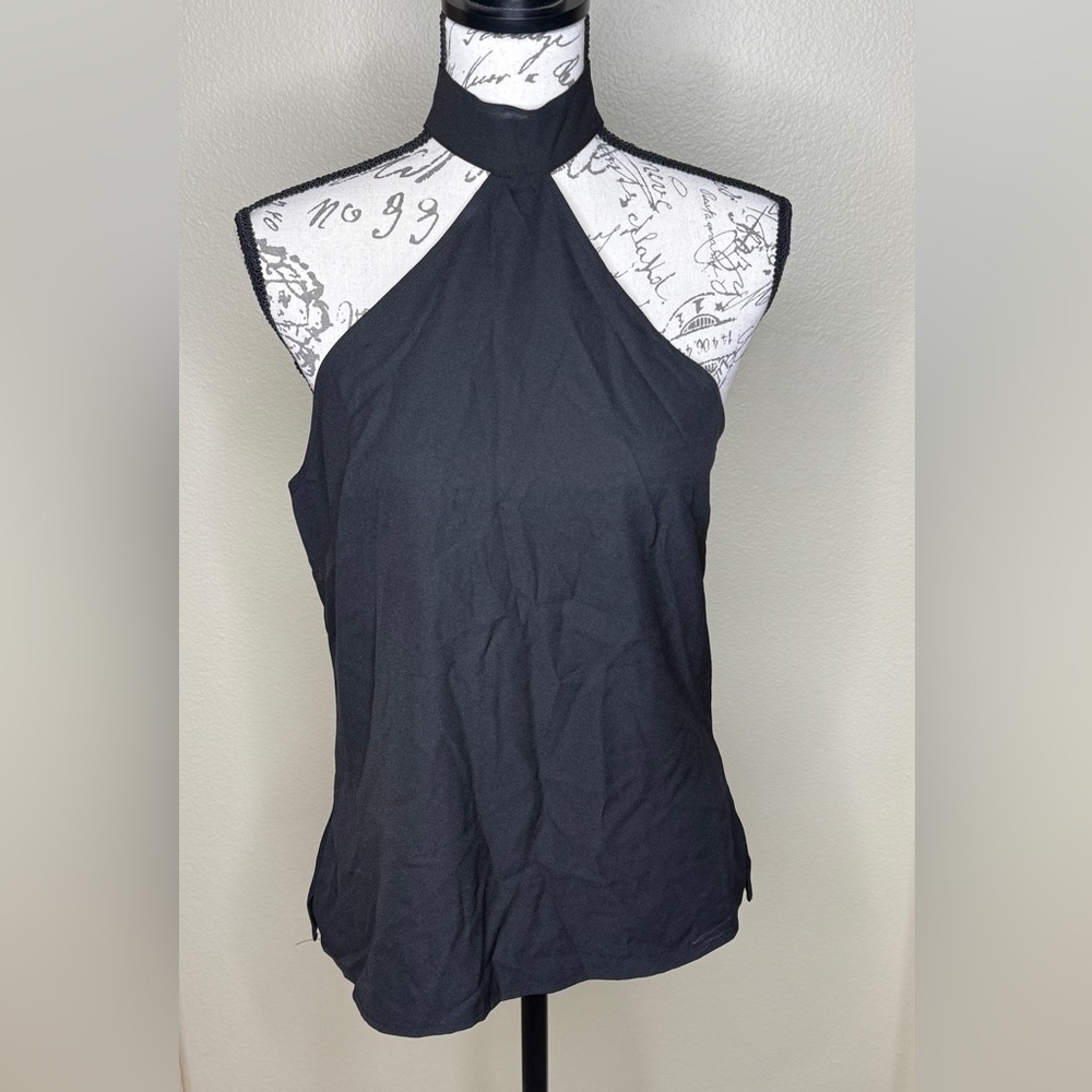 NWT ~ BEBE Black cold shoulder halter choker blouse.